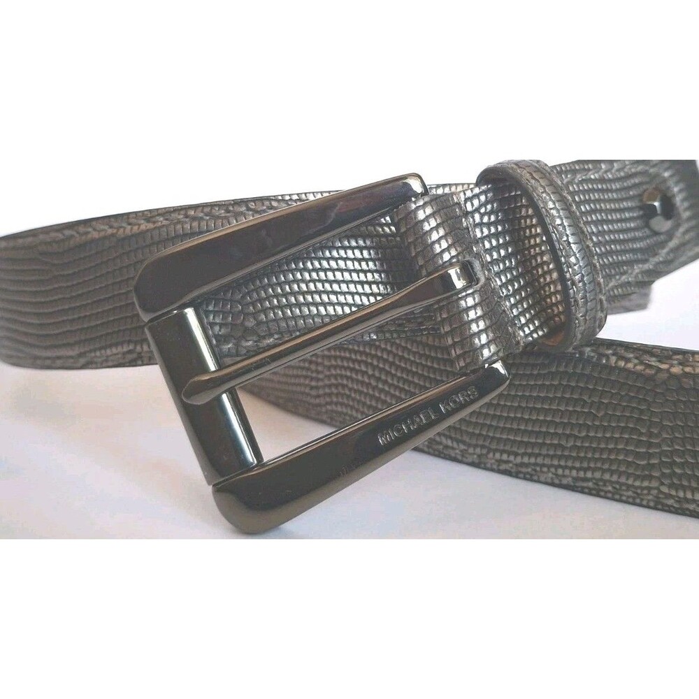 Michael Kors Leather Belt Large Silver Textured  Statement Belt Classic Designer - Picture 2 of 9